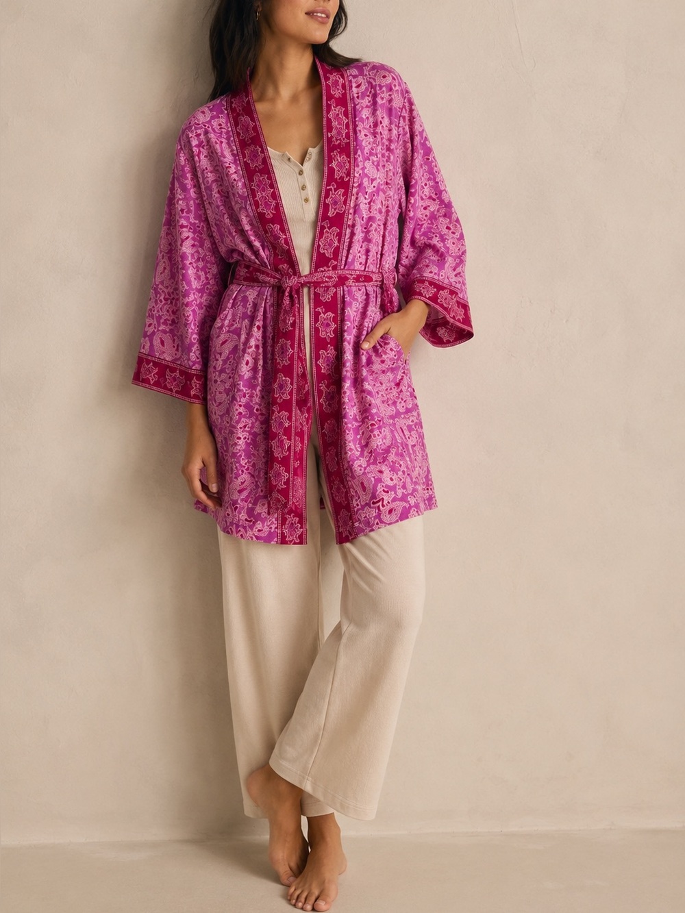 Knox Rose Paisley Kimono Robe Pink Cotton Rayon Tie Belt NWT M/L Lounge